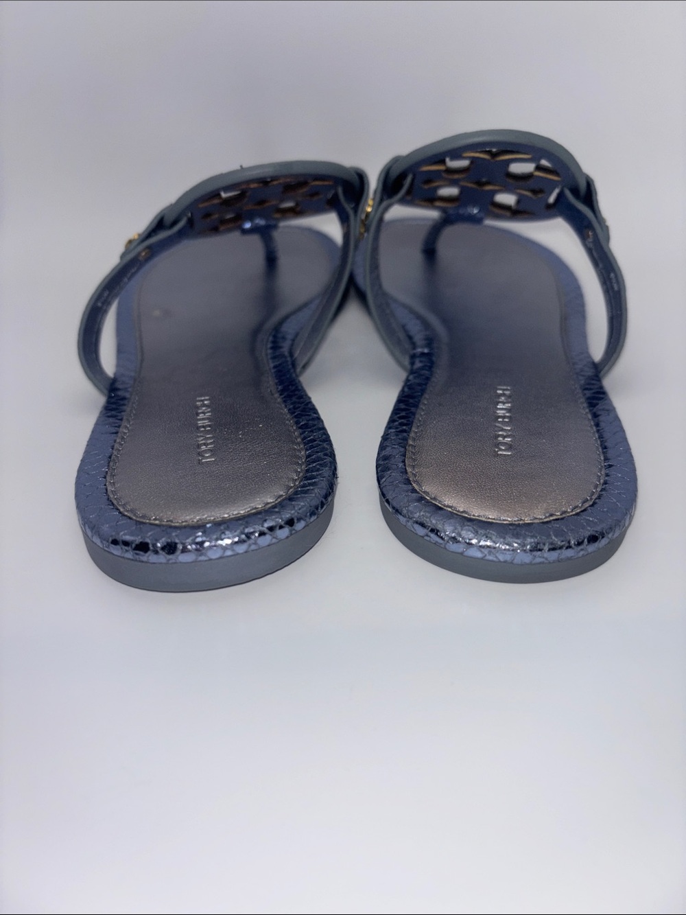 Tory Burch Metallic Navy Blue Logo Thong Sandals - Picture 7 of 11